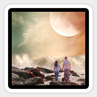 Valentine Wall Art - Holding hands on the shore - Unique Valentine Fantasy Planet Landsape - Photo print, canvas, artboard print, Canvas Print and T shirt Sticker